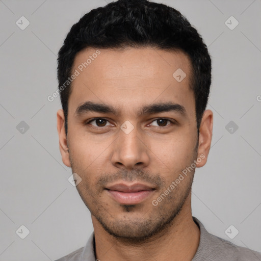 Neutral latino young-adult male with short  black hair and brown eyes