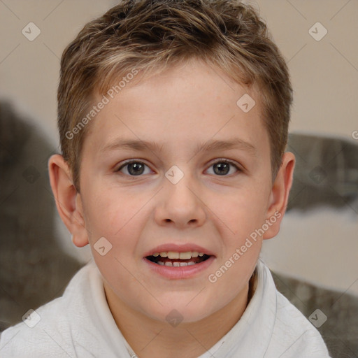 Joyful white child male with short  brown hair and brown eyes