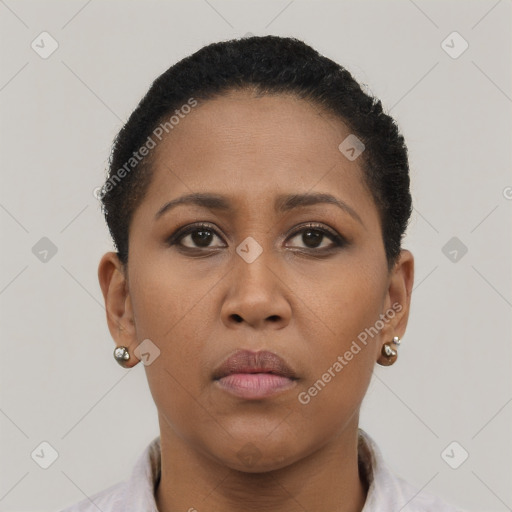 Neutral black young-adult female with short  brown hair and brown eyes