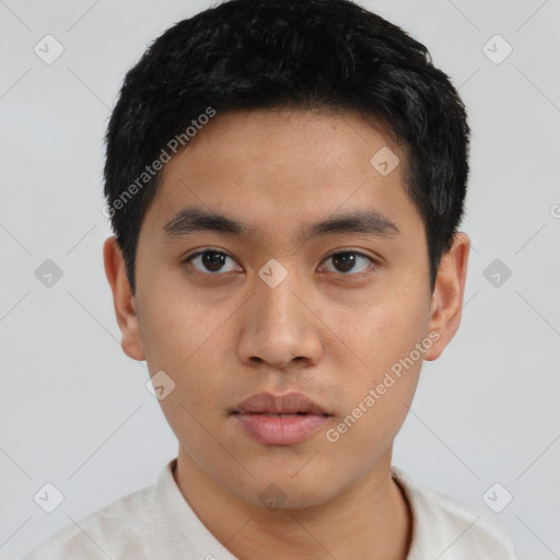 Neutral asian young-adult male with short  black hair and brown eyes