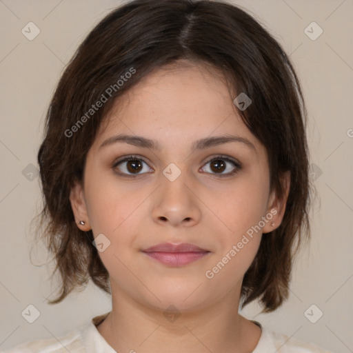 Neutral white young-adult female with medium  brown hair and brown eyes