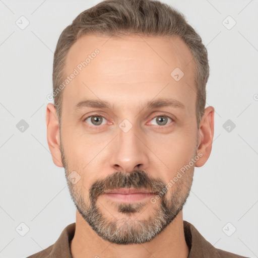 Neutral white adult male with short  brown hair and brown eyes