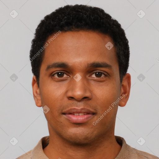 Neutral black young-adult male with short  black hair and brown eyes