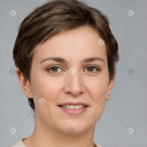 Joyful white young-adult female with short  brown hair and brown eyes