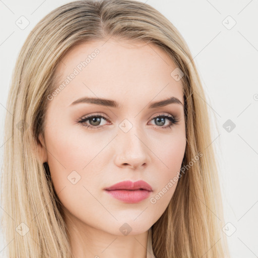 Neutral white young-adult female with long  brown hair and brown eyes