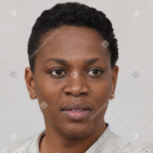 Neutral black young-adult female with short  black hair and brown eyes