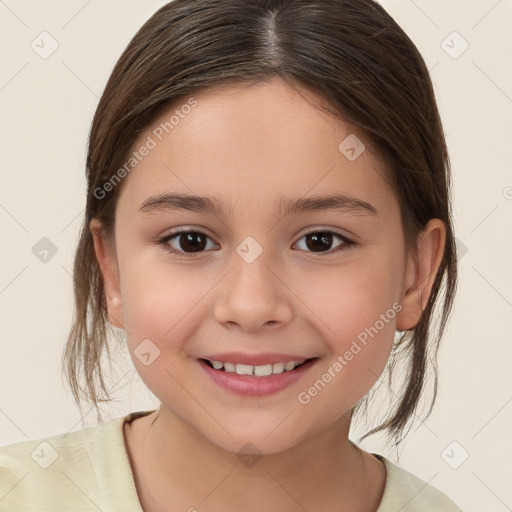 Joyful white child female with medium  brown hair and brown eyes