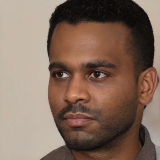 Neutral black young-adult male with short  black hair and brown eyes