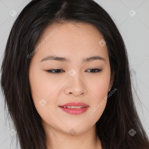 Joyful asian young-adult female with long  brown hair and brown eyes