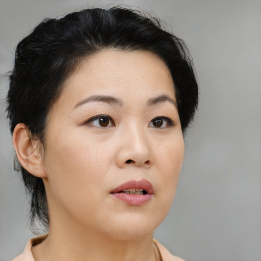 Neutral asian young-adult female with medium  black hair and brown eyes