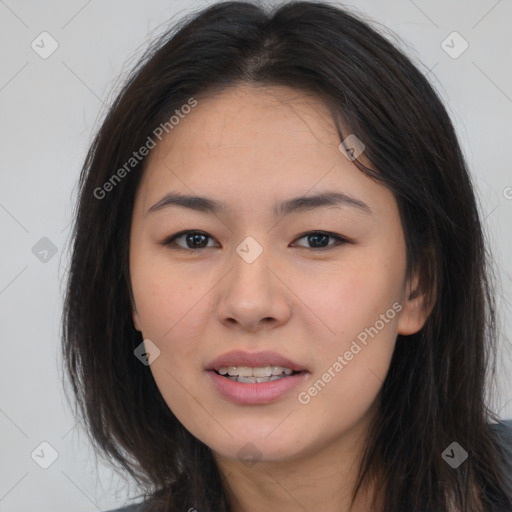 Joyful white young-adult female with long  brown hair and brown eyes