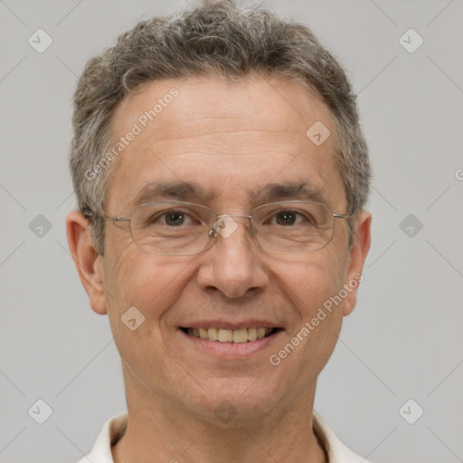 Joyful white middle-aged male with short  brown hair and brown eyes