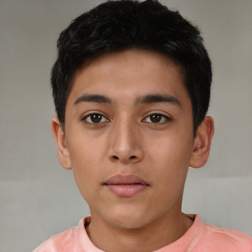 Neutral latino young-adult male with short  black hair and brown eyes