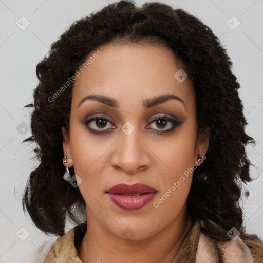 Joyful black young-adult female with medium  brown hair and brown eyes