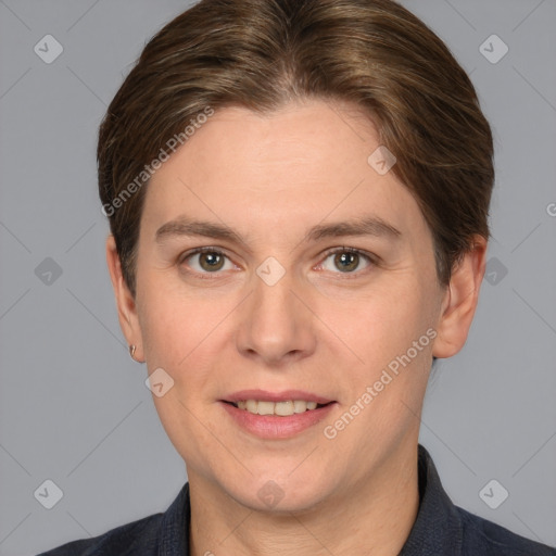 Joyful white young-adult female with short  brown hair and brown eyes