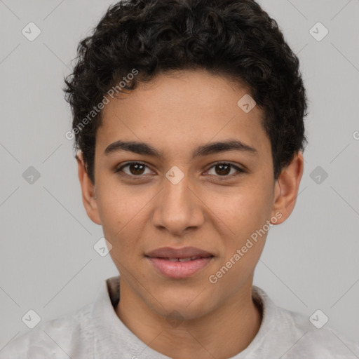 Joyful latino young-adult female with short  brown hair and brown eyes