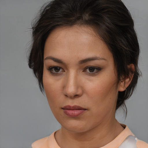 Neutral white young-adult female with medium  brown hair and brown eyes