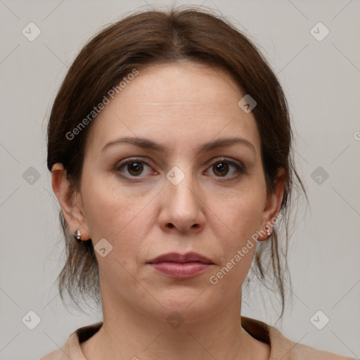 Neutral white young-adult female with medium  brown hair and grey eyes