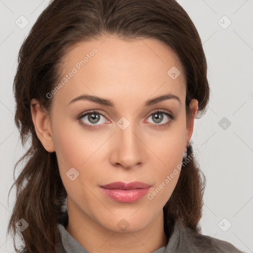 Neutral white young-adult female with medium  brown hair and brown eyes