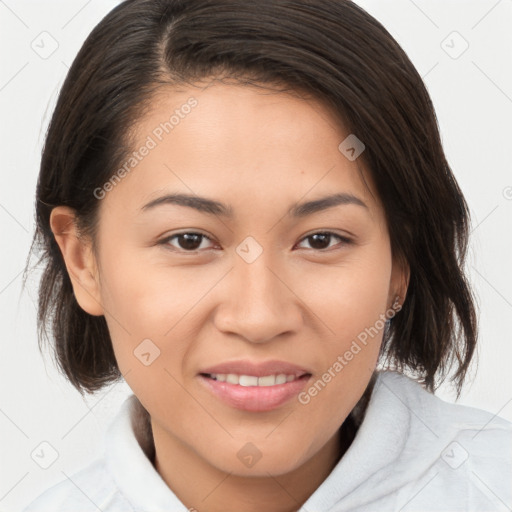 Joyful white young-adult female with medium  brown hair and brown eyes