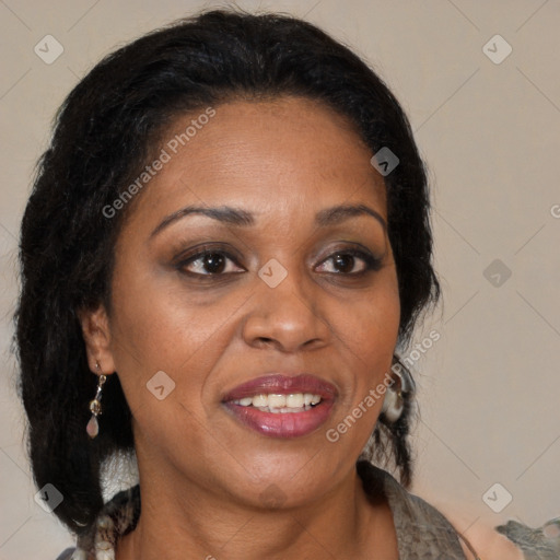 Joyful black adult female with medium  brown hair and brown eyes