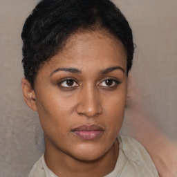 Neutral black young-adult female with short  brown hair and brown eyes