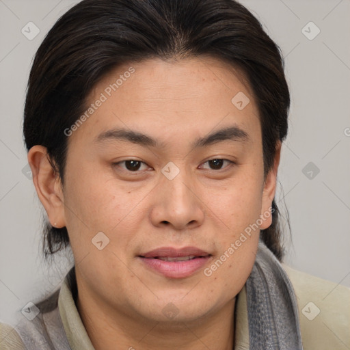 Joyful white young-adult male with medium  brown hair and brown eyes