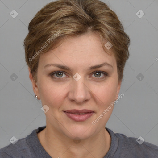 Joyful white young-adult female with short  brown hair and grey eyes