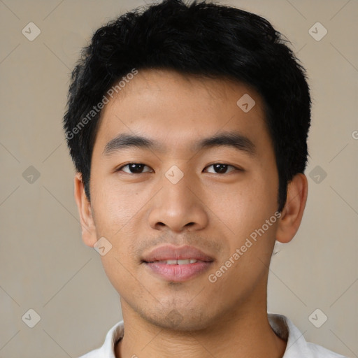 Joyful asian young-adult male with short  black hair and brown eyes