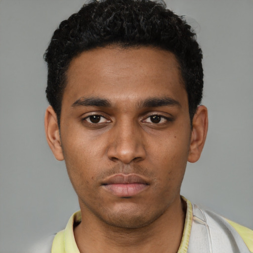 Neutral black young-adult male with short  black hair and brown eyes