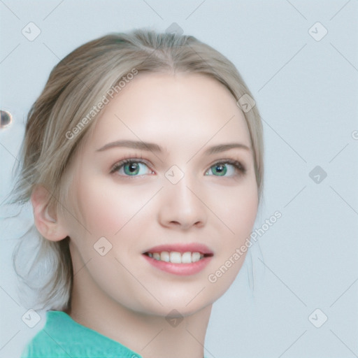 Joyful white young-adult female with medium  brown hair and blue eyes