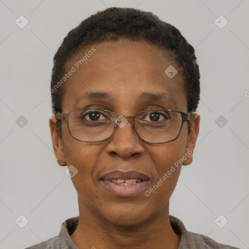 Joyful black adult female with short  brown hair and brown eyes