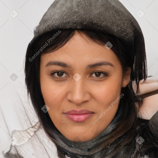 Joyful latino young-adult female with medium  brown hair and brown eyes