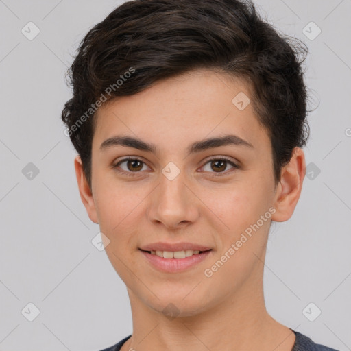 Joyful white young-adult female with short  brown hair and brown eyes