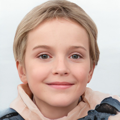 Joyful white child female with short  brown hair and blue eyes