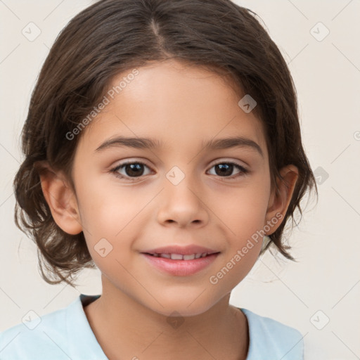 Joyful white child female with medium  brown hair and brown eyes