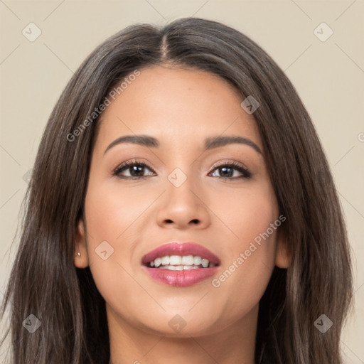 Joyful asian young-adult female with long  brown hair and brown eyes