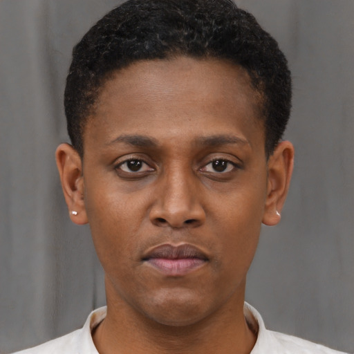 Neutral black young-adult male with short  brown hair and brown eyes