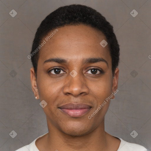 Joyful black young-adult female with short  black hair and brown eyes