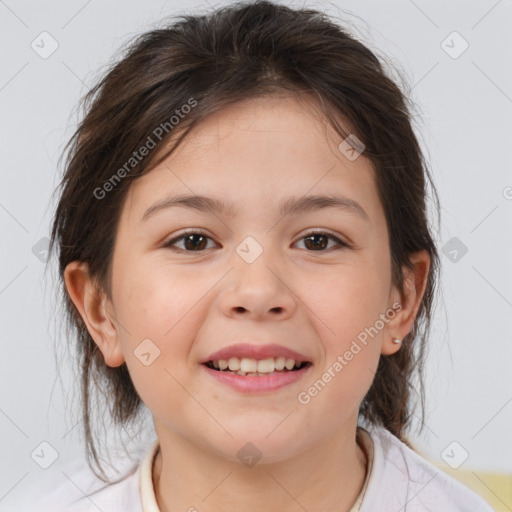 Joyful white child female with medium  brown hair and brown eyes