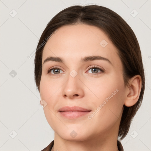 Neutral white young-adult female with medium  brown hair and brown eyes