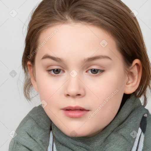 Neutral white child female with medium  brown hair and grey eyes