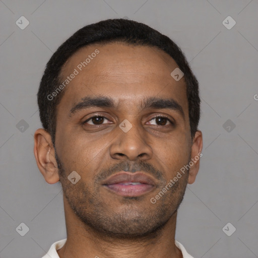 Neutral latino young-adult male with short  brown hair and brown eyes