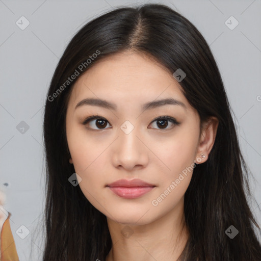 Neutral asian young-adult female with long  black hair and brown eyes