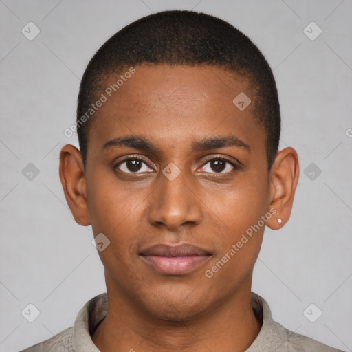 Neutral black young-adult male with short  brown hair and brown eyes