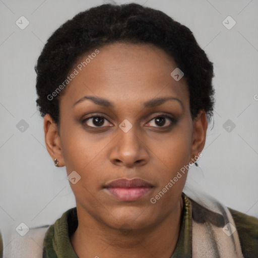 Neutral black young-adult female with short  brown hair and brown eyes