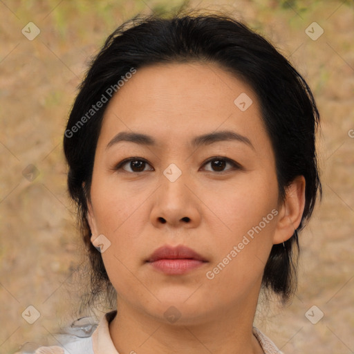 Neutral asian young-adult female with medium  black hair and brown eyes