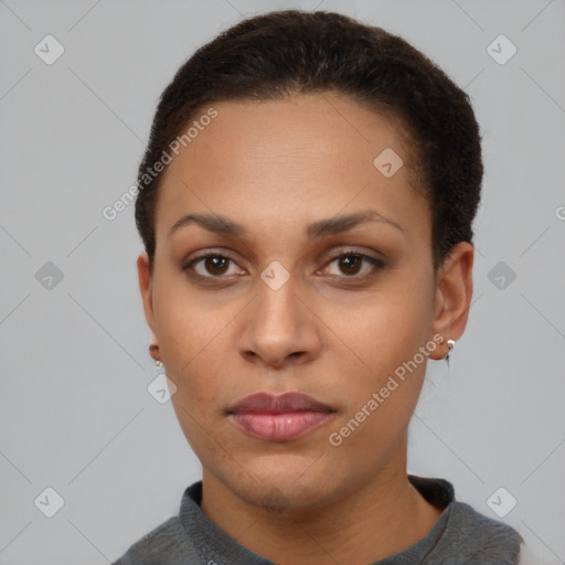 Neutral black young-adult female with short  brown hair and brown eyes