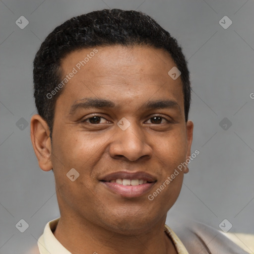 Joyful latino young-adult male with short  brown hair and brown eyes