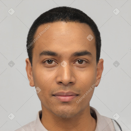 Neutral latino young-adult male with short  black hair and brown eyes